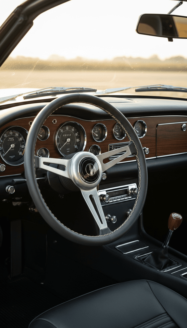 Restored dashboard and steering wheel with visible stitching and clean surfaces